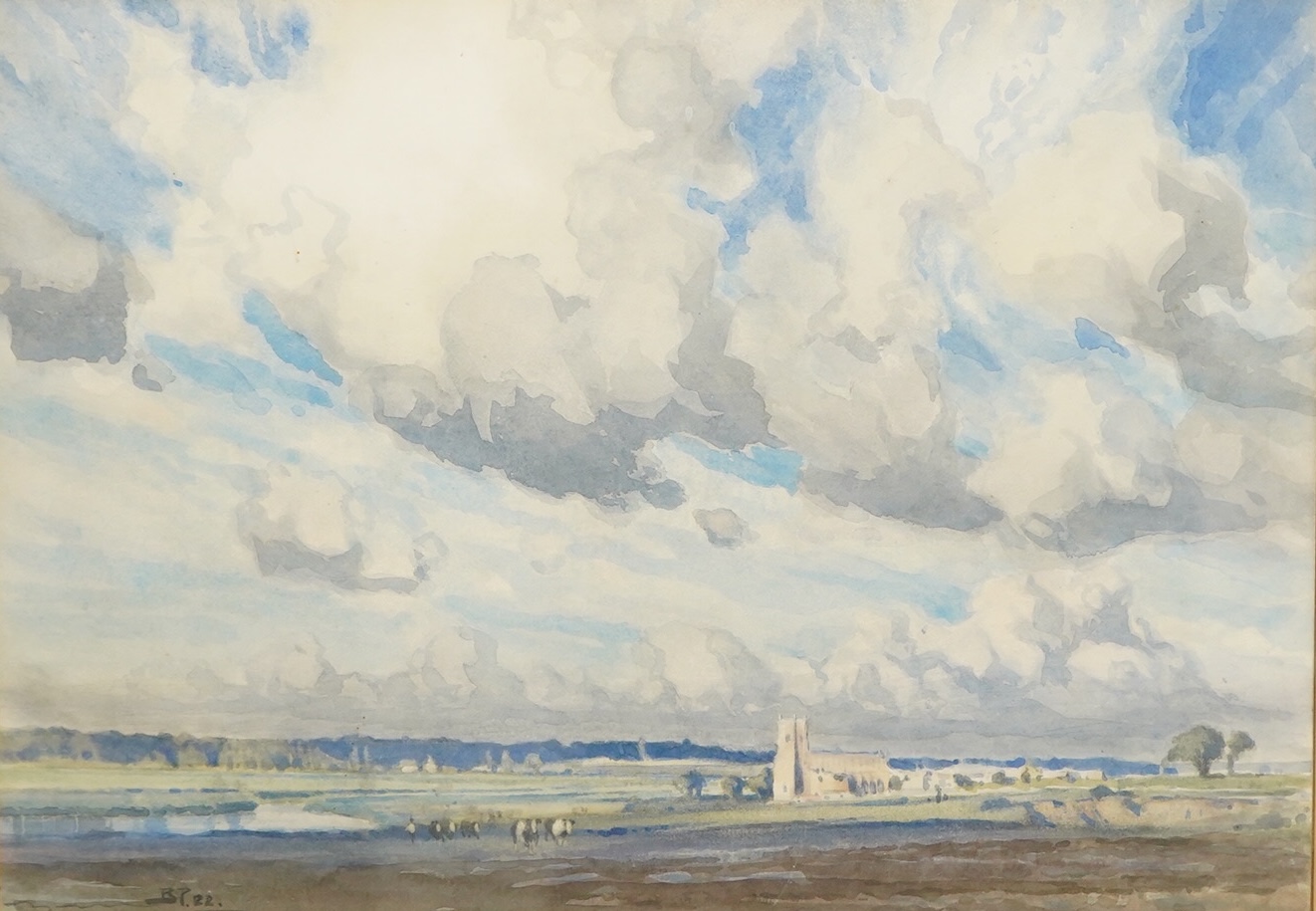 Bertram Priestman (1868-1951), Landscape with cattle grazing before church, initialled and dated '22, watercolour, 25 x 36cm